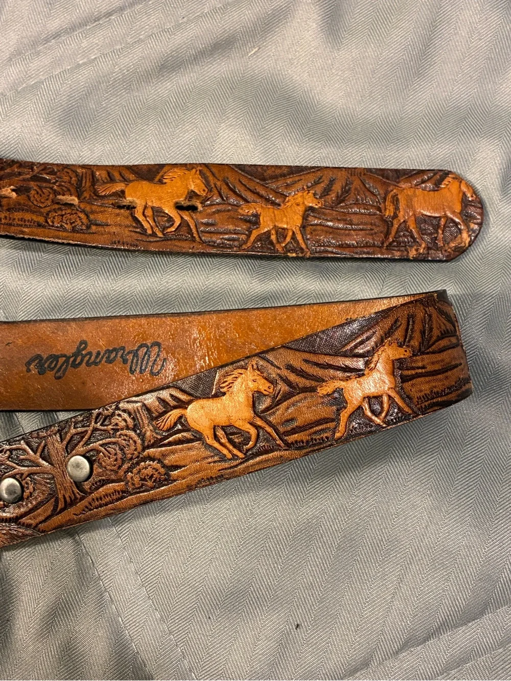 Wrangler Tooled Brown Leather Belt with Silver Horse Buckle